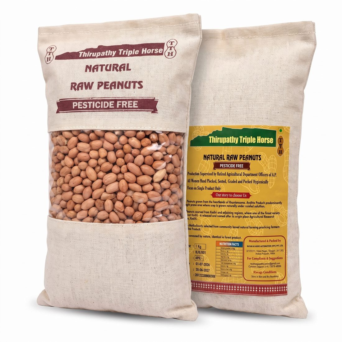Thirupathy Triple Horse Natural Raw Peanuts 1 kg packs — pesticide free, packed in Tirupati, Andhra Pradesh