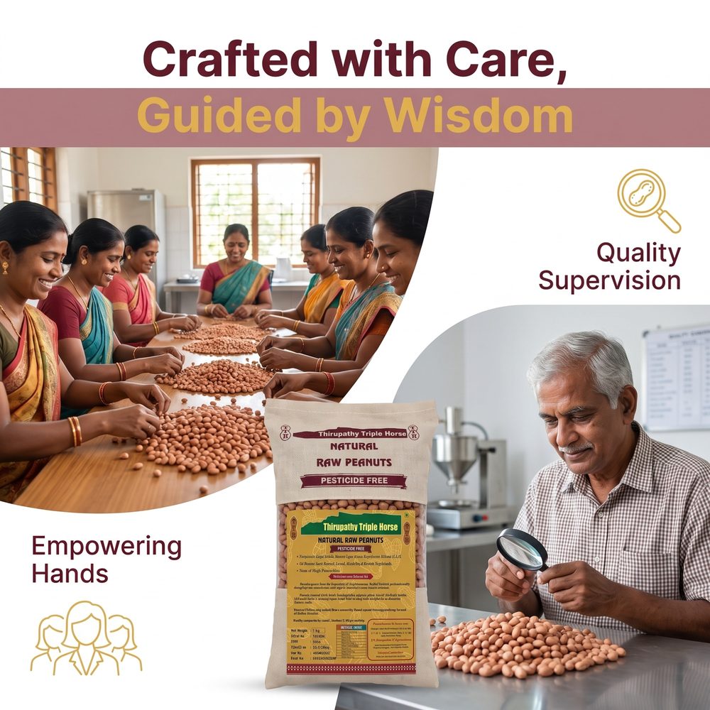 Women of the farming community hand sorting peanuts, and a retired Agriculture Department officer inspecting a batch under a magnifier